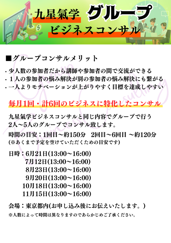 ■グループコンサルメリット · 少人数の参加者だから講師や参加者の間で交流ができる · １人の参加者の悩み解決が別の参加者の悩み解決にも繋がる · 一人よりモチベーションが上がりやすく目標を達成しやすい。 毎月1回・計6回のビジネスに特化したコンサル 九星氣学ビジネスコンサルと同じ内容でグループで行う 2人～5人のグループでコンサル致します。 時間の目安：1回目～約150分 2回目～6回目 ～約120分 (※あくまで予定を空けていただくための目安です) 日時：6月21日(13:00～16:00) 　　 7月19日(13:00～16:00) 8月23日(13:00～16:00) 9月20日(13:00～16:00) 10月18日(13:00～16:00) 11月15日(13:00～16:00) 　　　　　　　　　　　　　　　　　　　 会場：東京都内(お申し込み後にお伝えいたします。) ※人数によって時間は異なりますのであらかじめご了承ください。